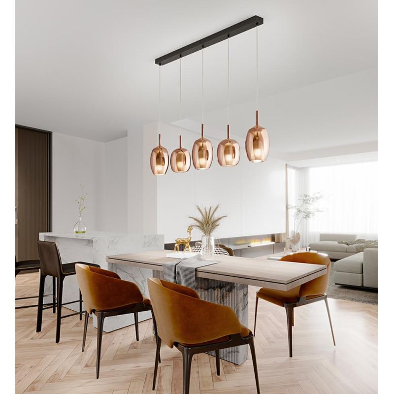 RAIN SOSPENSIONE LINEARE 5 LUCI BASE NERA CON DIFFUSORI IN VETRO RAME SPECCHIATO MODERNA