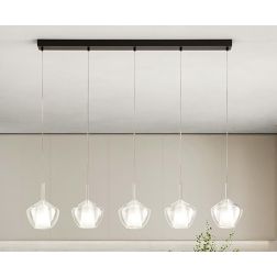 RAIN SOSPENSIONE LINEARE 5 LUCI BASE NERA CON DIFFUSORI IN VETRO TRASPARENTE DESIGN MODERNO
