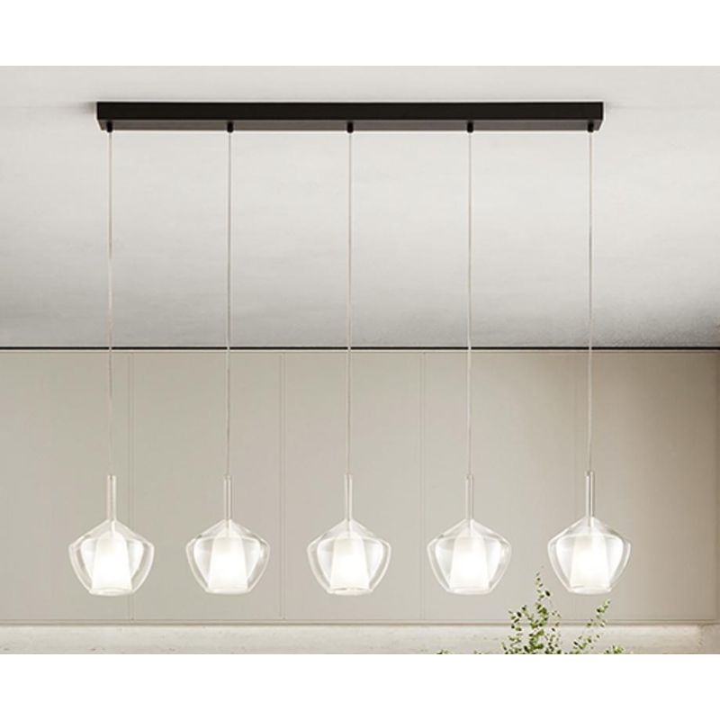 RAIN SOSPENSIONE LINEARE 5 LUCI BASE NERA CON DIFFUSORI IN VETRO TRASPARENTE DESIGN MODERNO