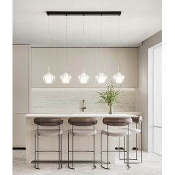 RAIN SOSPENSIONE LINEARE 5 LUCI BASE NERA CON DIFFUSORI IN VETRO TRASPARENTE DESIGN MODERNO 2