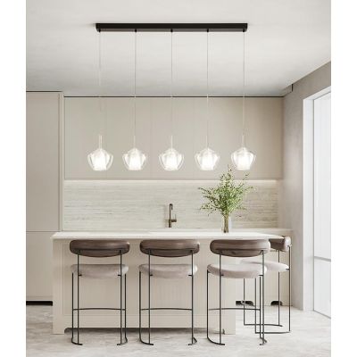 RAIN SOSPENSIONE LINEARE 5 LUCI BASE NERA CON DIFFUSORI IN VETRO TRASPARENTE DESIGN MODERNO