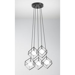 CUBE SOSPENSIONE MODERNA CON 5 CUBI IN METALLO NERO O ORO DIFFUSORI IN VETRO LAMPADINE ATTACCO G9 2