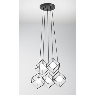 CUBE SOSPENSIONE MODERNA CON 5 CUBI IN METALLO NERO O ORO DIFFUSORI IN VETRO LAMPADINE ATTACCO G9