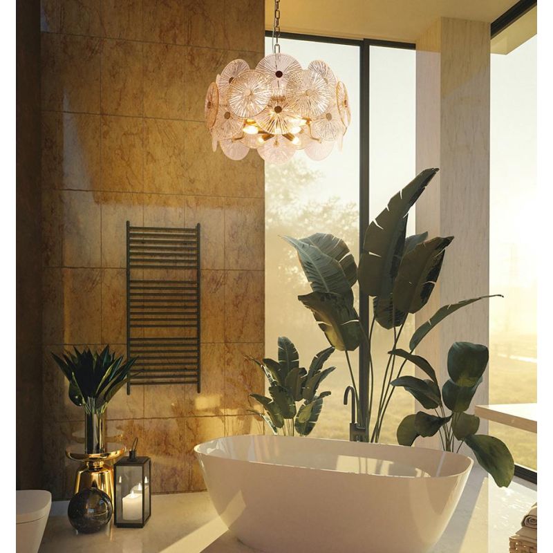 ASTER LAMPADARIO ELEGANTE D60 CM COLOR ORO CON VETRI TRASPARENTI SFUMATI AMBRA LAMPADINE 8XE14 CLASSICO