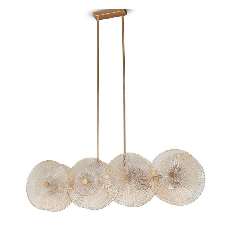 ASTER SOSPENSIONE ELEGANTE LARGHEZZA 100 CM COLOR ORO CON VETRI TRASPARENTI SFUMATI AMBRA LAMPADINE 8XE14