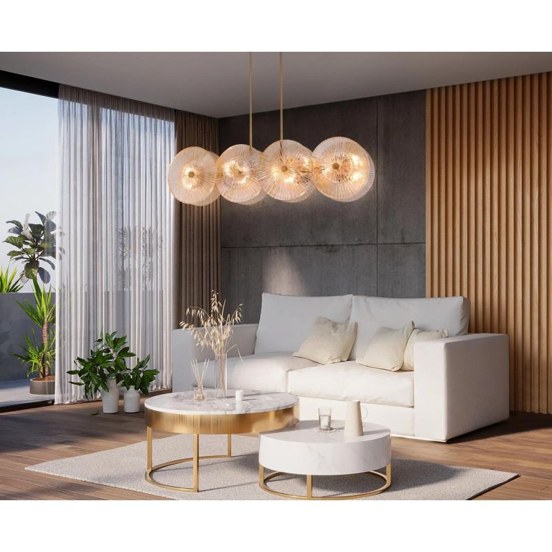 ASTER SOSPENSIONE ELEGANTE LARGHEZZA 100 CM COLOR ORO CON VETRI TRASPARENTI SFUMATI AMBRA LAMPADINE 8XE14