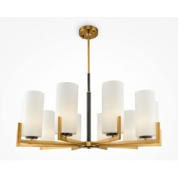 FORTANO PLAFONIERA A 10 LUCI METALLO FINITURA OTTONE CON DIFFUSORI A CILINDRO IN VETRO BIANCO D86 CM