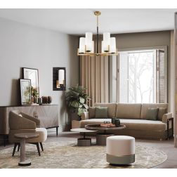 FORTANO PLAFONIERA A 6 LUCI METALLO FINITURA OTTONE CON DIFFUSORI A CILINDRO IN VETRO BIANCO D67 CM 2