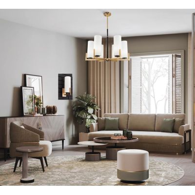 FORTANO PLAFONIERA A 6 LUCI METALLO FINITURA OTTONE CON DIFFUSORI A CILINDRO IN VETRO BIANCO D67 CM