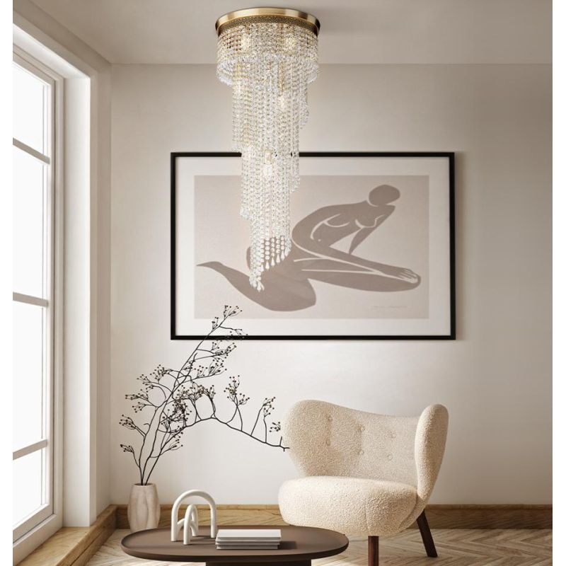CASCADE PLAFONIERA 12 LUCI CON PENDAGLI IN CRISTALLO E STRUTTURA ORO LAMPADINE ATTACCO E14