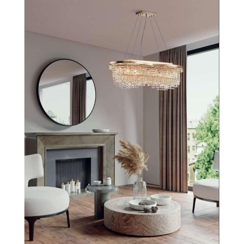 TOILS LAMPADARIO A SOSPENSIONE IN CRISTALLO E METALLO ORO LARGHEZZA CM 93 LAMPADINE 7XE14 CLASSICO