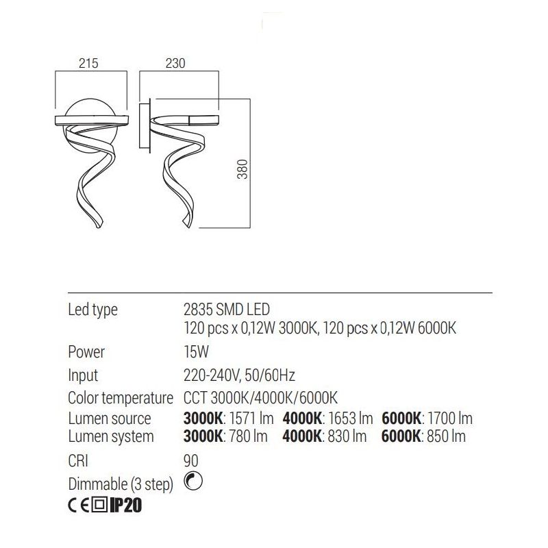 SCROLL LAMPADA DA PARETE LED 15W LUCE CCT 3000K-4000K-6000K ALLUMINIO 3 COLORI MODERNA