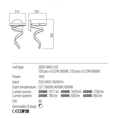 SCROLL LAMPADA DA PARETE LED 15W LUCE CCT 3000K-4000K-6000K ALLUMINIO 3 COLORI MODERNA