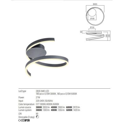 SCROLL PLAFONIERA SINUOSA 2 MISURE A LED LUCE CCT 3000K-4000K-6000K ALLUMINIO 3 COLORI MODERNA