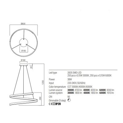 SCROLL SOSPENSIONE SINUOSA 2 MISURE A LED LUCE CCT 3000K-4000K-6000K ALLUMINIO 3 COLORI MODERNA
