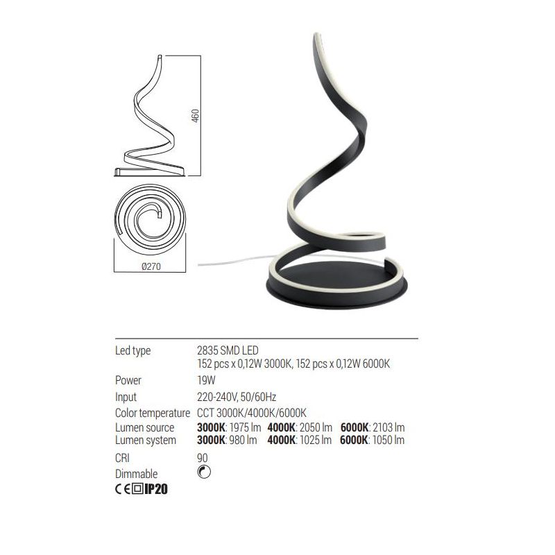 SCROLL LAMPADA DA TAVOLO LED 19W LUCE CCT 3000K-4000K-6000K ALLUMINIO 3 COLORI MODERNA