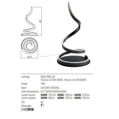 SCROLL LAMPADA DA TAVOLO LED 19W LUCE CCT 3000K-4000K-6000K ALLUMINIO 3 COLORI MODERNA