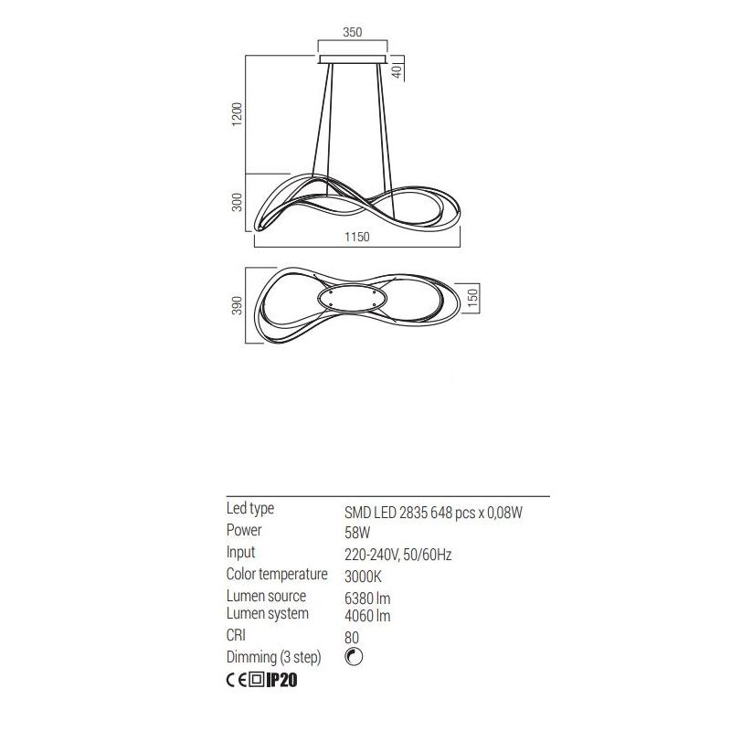 TEMPEST SOSPENSIONE SINUOSA LED 58W LUCE 3000K DIMMERABILE ALLUMINIO 3 COLORI ORIGINALE E MODERNA