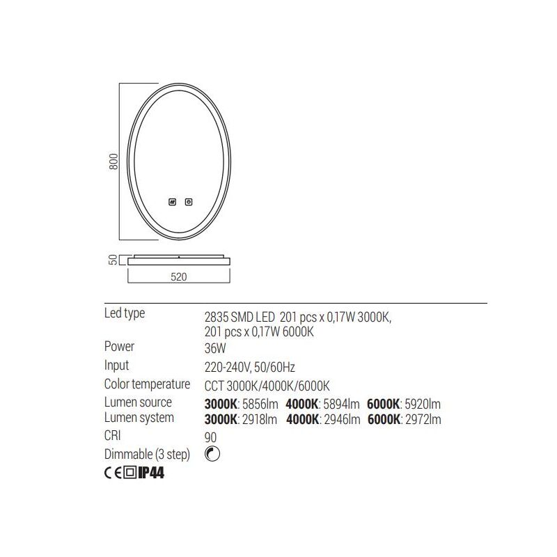 VANITY LAMPADA SPECCHIO OVALE LED 36W LUCE DIMMERABILE FUNZIONE ANTIAPPANNAMENTO 3 COLORI IP44