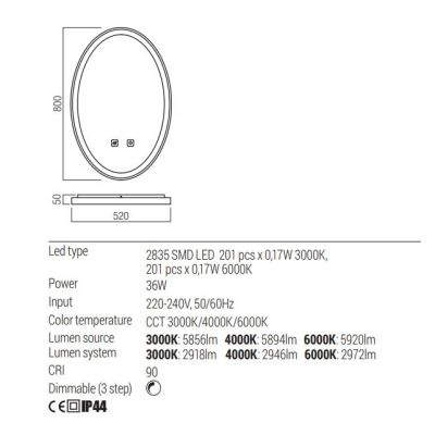 VANITY LAMPADA SPECCHIO OVALE LED 36W LUCE DIMMERABILE FUNZIONE ANTIAPPANNAMENTO 3 COLORI IP44