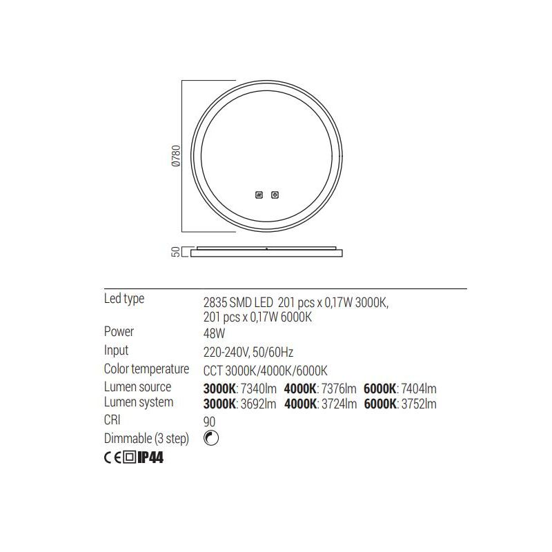 VANITY LAMPADA SPECCHIO ROTONDA D78 CM LED 48W LUCE DIMMERABILE FUNZIONE ANTIAPPANNAMENTO 3 COLORI IP44