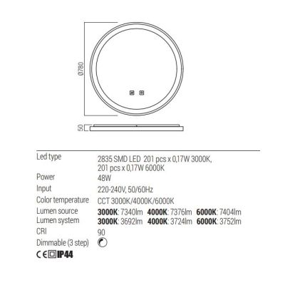 VANITY LAMPADA SPECCHIO ROTONDA D78 CM LED 48W LUCE DIMMERABILE FUNZIONE ANTIAPPANNAMENTO 3 COLORI IP44