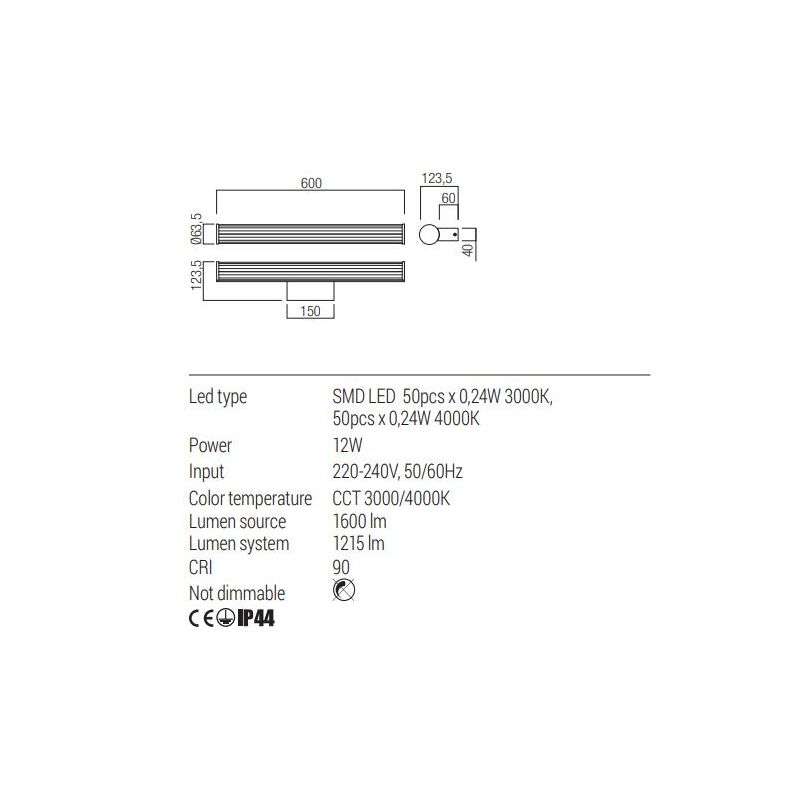 DIZZY LAMPADA DA SPECCHIO IP44 CM 120-CM90-CM60 LED LUCE 3000K-4000K 3 FINITURE COLORE MODERNA