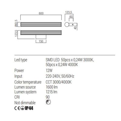 DIZZY LAMPADA DA SPECCHIO IP44 CM 120-CM90-CM60 LED LUCE 3000K-4000K 3 FINITURE COLORE MODERNA