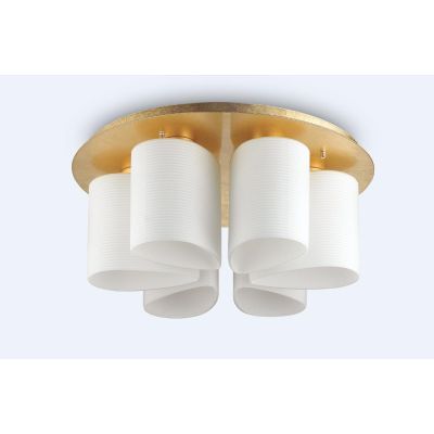 PLAFONIERA MODERNA 6 LUCI IN VETRO SOFFIATO BIANCO RIGATO CON METALLO RIFINITO FOGLIA ORO CRISTALENSI - Cristalensi Shop Online