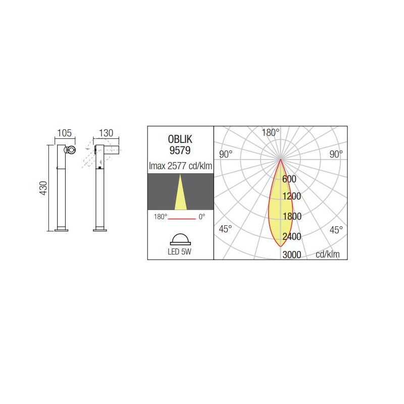 OBLIK LAMPADA DA ESTERNO IP65 ANTRACITE DA PARETE O DA TERRA LED 5W LUCE 3000K H43 CM