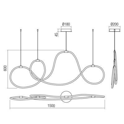 HENK SOSPENSIONE MODERNA SINUOSA NERA O ORO LED 54W LUCE 3000K DIMMERABILE