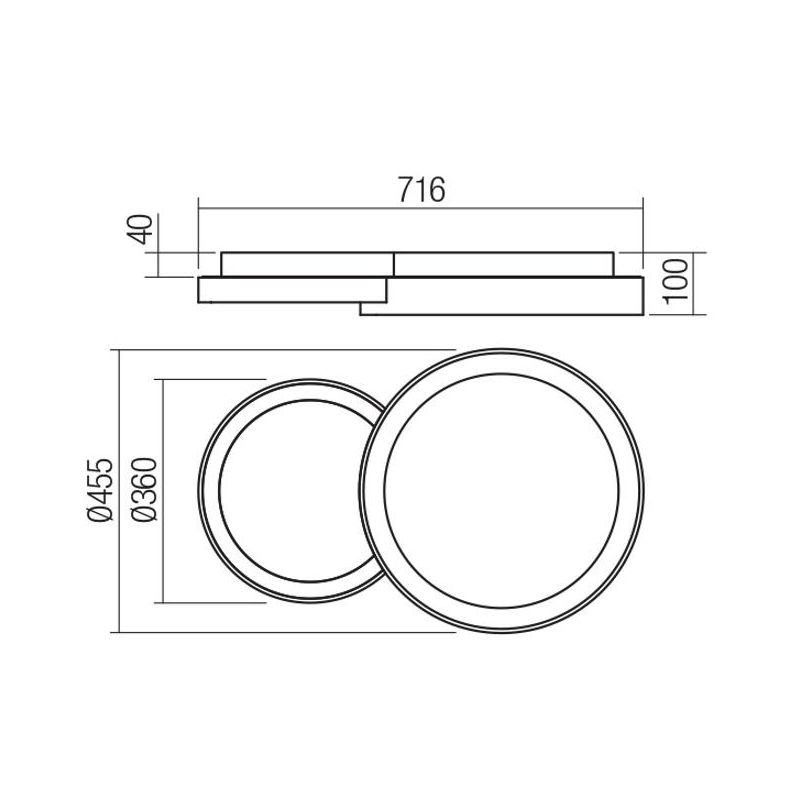 COMBI PLAFONIERA DUE CERCHI ORO,BIANCO O NERO LED 50W CCT DIMMERABILE LARGHEZZA CM 72 MODERNA