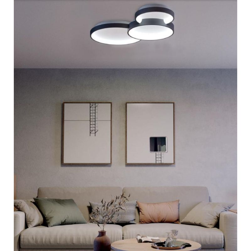 COMBI PLAFONIERA TRE CERCHI ORO,BIANCO O NERO LED 72W CCT DIMMERABILE LARGHEZZA CM 105 MODERNA