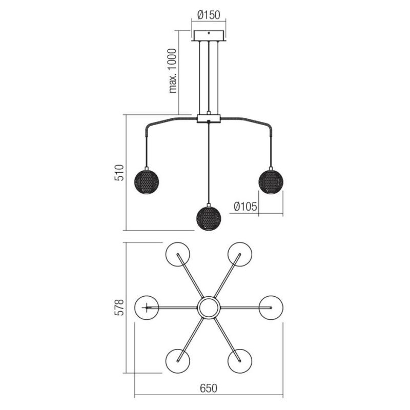 GIANET SOSPENSIONE 7 LUCI ORO O NERA CON SFERE IN ACRILICO STAMPATO LED 28W LUCE 3000K