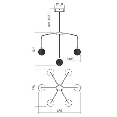 GIANET SOSPENSIONE 7 LUCI ORO O NERA CON SFERE IN ACRILICO STAMPATO LED 28W LUCE 3000K