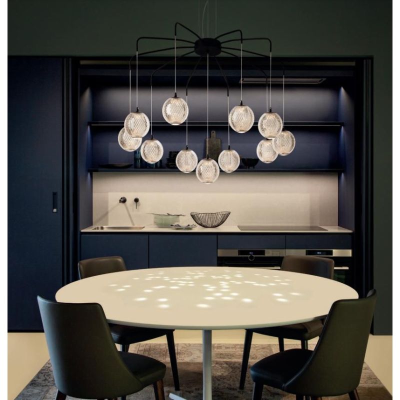 GIANET SOSPENSIONE 11 LUCI ORO O NERA CON SFERE IN ACRILICO STAMPATO LED 42W LUCE 3000K