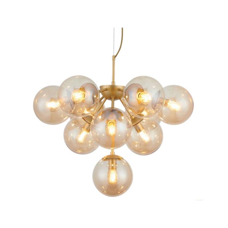 AGAPE LAMPADARIO A GRAPPOLO ORO O NERO CON SFERE IN VETRO FUME O AMBRA LAMPADINE 10XE14