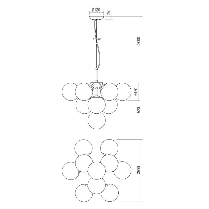 AGAPE LAMPADARIO A GRAPPOLO ORO O NERO CON SFERE IN VETRO FUME O AMBRA LAMPADINE 10XE14
