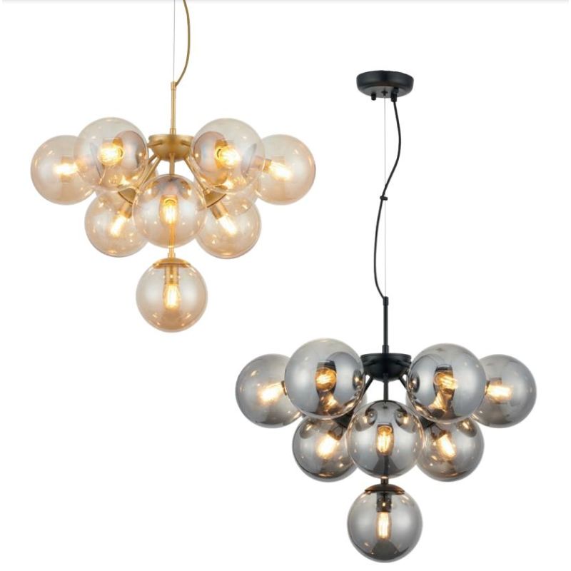 AGAPE LAMPADARIO A GRAPPOLO ORO O NERO CON SFERE IN VETRO FUME O AMBRA LAMPADINE 10XE14