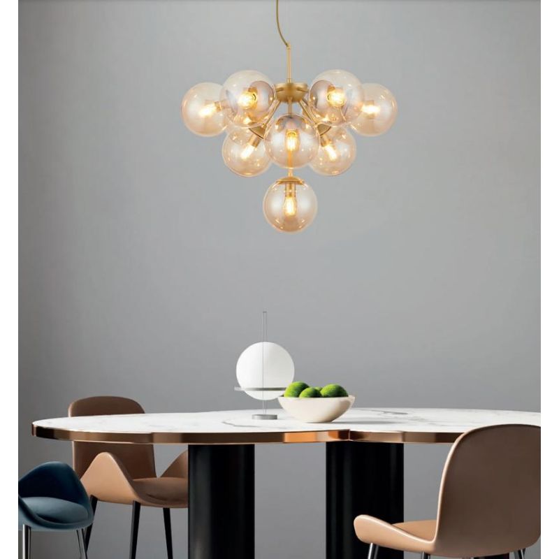 AGAPE LAMPADARIO A GRAPPOLO ORO O NERO CON SFERE IN VETRO FUME O AMBRA LAMPADINE 10XE14