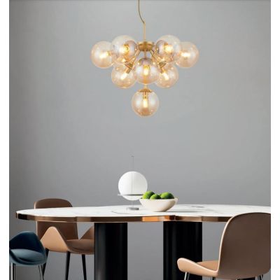 AGAPE LAMPADARIO A GRAPPOLO ORO O NERO CON SFERE IN VETRO FUME O AMBRA LAMPADINE 10XE14