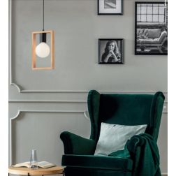 TIMBER SOSPENSIONE SINGOLA NERA CON CORNICE IN LEGNO NATURALE MODERNA LAMPADINA E27