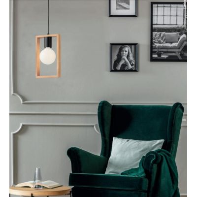 TIMBER SOSPENSIONE SINGOLA NERA CON CORNICE IN LEGNO NATURALE MODERNA LAMPADINA E27
