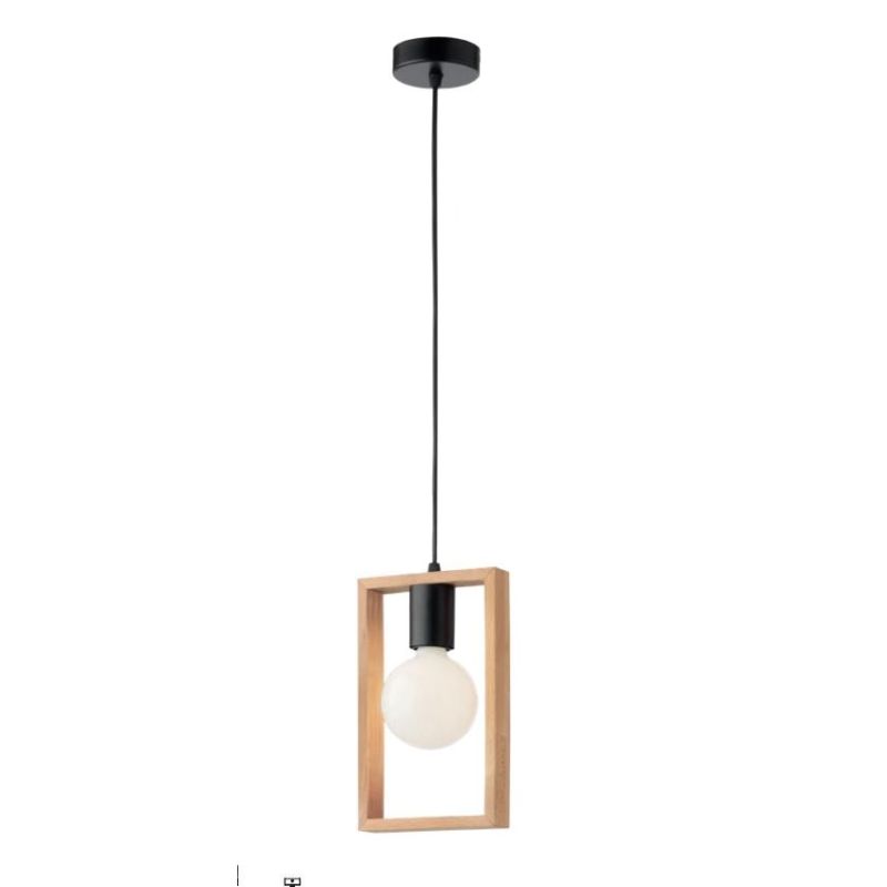TIMBER SOSPENSIONE SINGOLA NERA CON CORNICE IN LEGNO NATURALE MODERNA LAMPADINA E27
