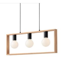 TIMBER SOSPENSIONE 3 LUCI NERA CON CORNICE IN LEGNO NATURALE MODERNA LAMPADINE 3XE27
