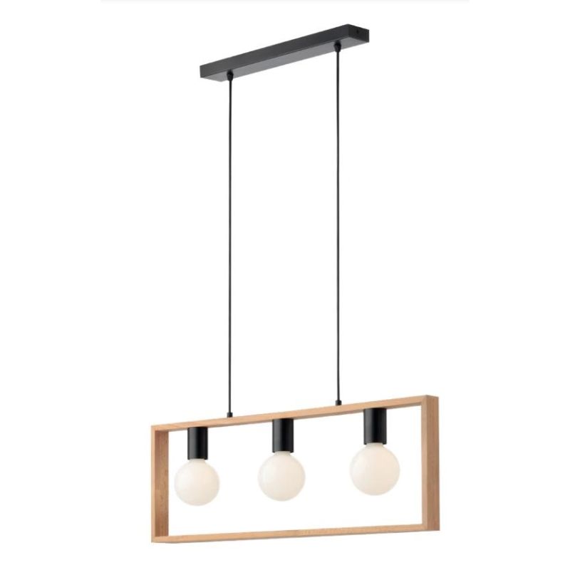 TIMBER SOSPENSIONE 3 LUCI NERA CON CORNICE IN LEGNO NATURALE MODERNA LAMPADINE 3XE27