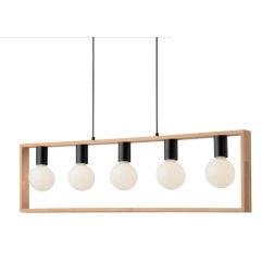 TIMBER SOSPENSIONE 5 LUCI NERA CON CORNICE IN LEGNO NATURALE MODERNA LAMPADINE 5XE27