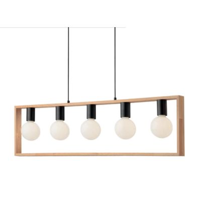 TIMBER SOSPENSIONE 5 LUCI NERA CON CORNICE IN LEGNO NATURALE MODERNA LAMPADINE 5XE27