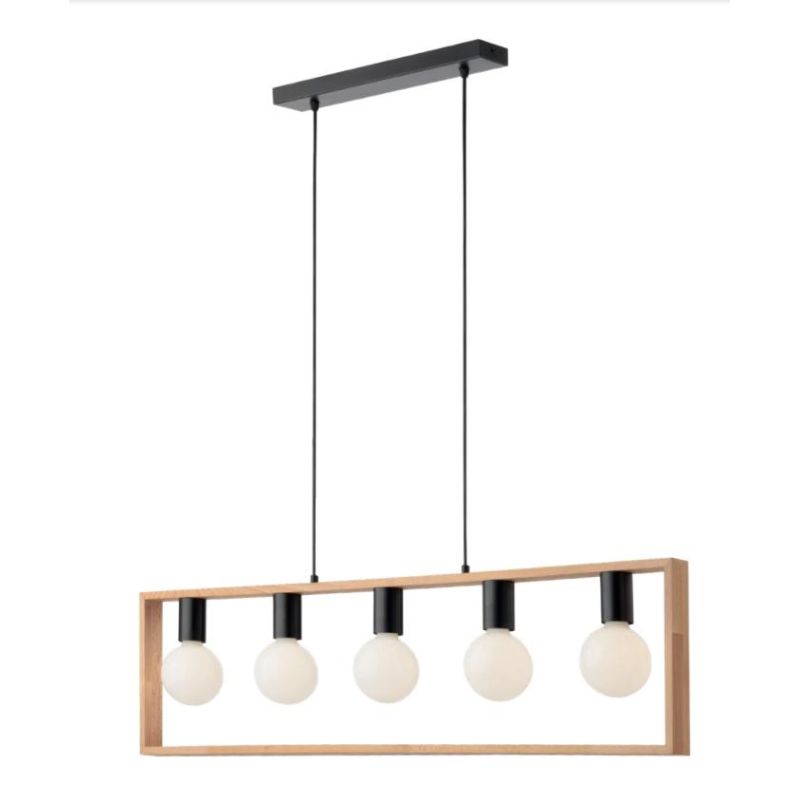 TIMBER SOSPENSIONE 5 LUCI NERA CON CORNICE IN LEGNO NATURALE MODERNA LAMPADINE 5XE27