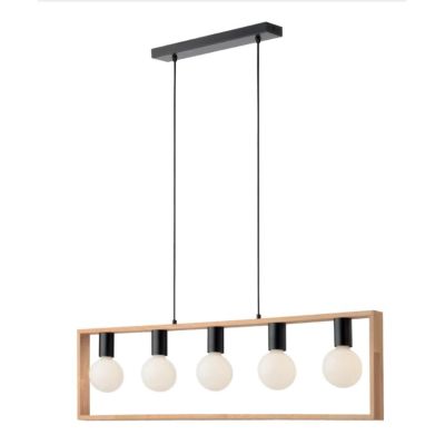 TIMBER SOSPENSIONE 5 LUCI NERA CON CORNICE IN LEGNO NATURALE MODERNA LAMPADINE 5XE27